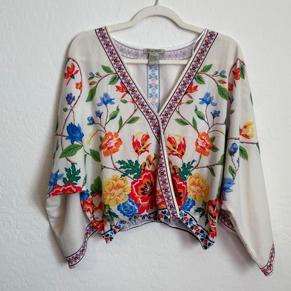 Flying Tomato Tops - Flying Tomato Floral Kimono Top Cream V-Neck Dolman Sleeve Boho Festival Large